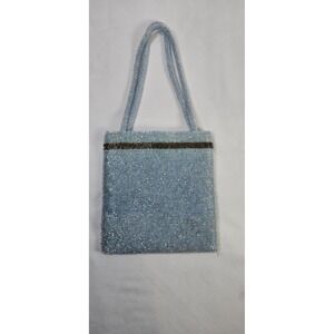 Y2K Light Blue Iridescent Beaded Mini Purse Bag Tote Satin Lined w/ Snap Closure